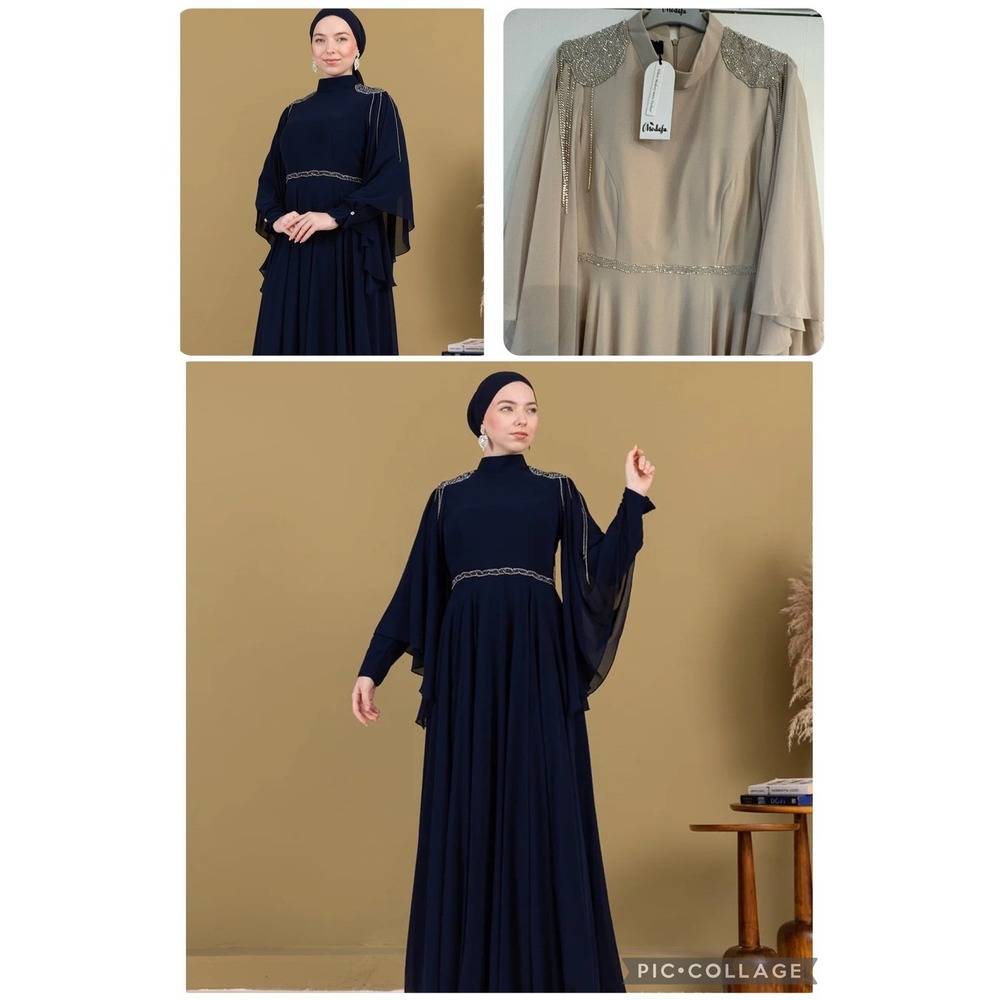 Garize Beige Modest Chiffon Beaded Gown Flutter Sleeve G-805 Womens 44 US 12 NWT